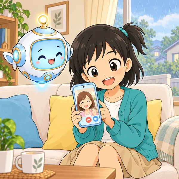 ミオがお母さんとビデオ通話で話して、ほっとしている。