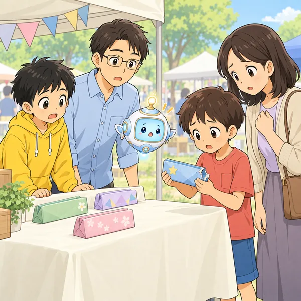 バザーで、お客さんの親子が、こわれた紙のふでばこを持ってきている。