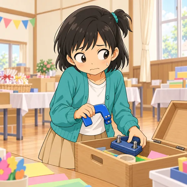 ミオが、こわれたパンチを箱にこっそりしまいかけている。