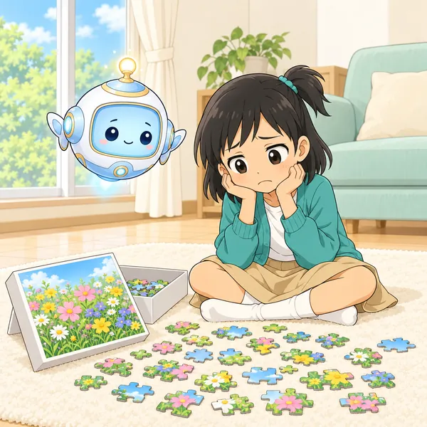 ミオが、パズルを前に「どうせむり」とつまらなそうにしている。