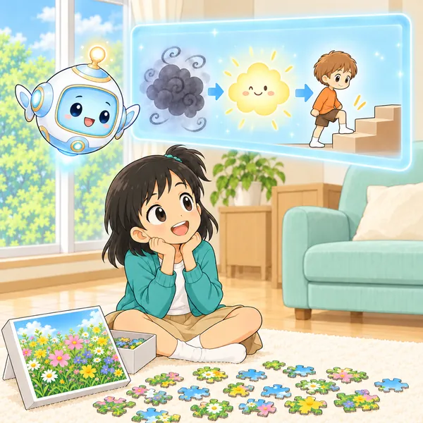 AIロボットが、暗い吹き出しが明るい吹き出しに変わる絵を見せている。