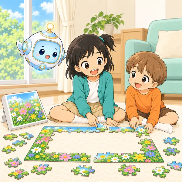 ミオと弟が、パズルのわくを作って笑っている。