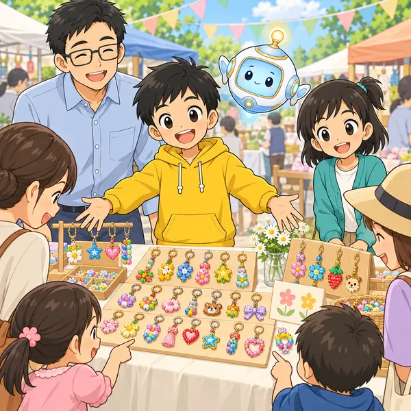 バザーで、ハルがビーズのキーホルダーをたくさん並べて得意そうにしている。