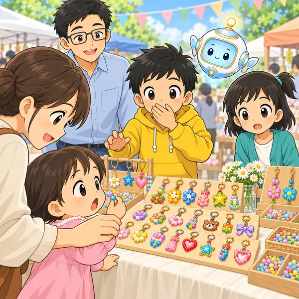 小さな子がビーズを口に入れかけ、保護者がすぐに止めている。