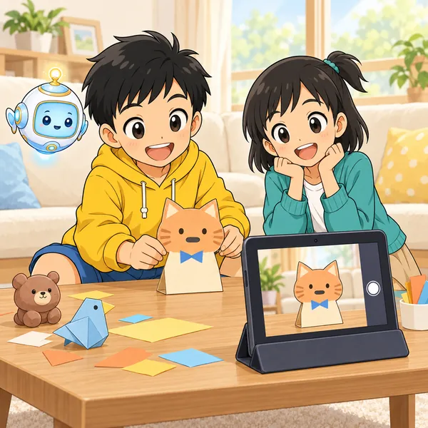 ハルが、口が1つの形だけの紙のねこの人形で、あいさつするアニメを作ろうとしている。