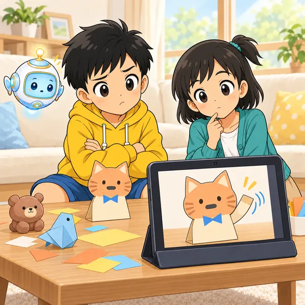 画面のねこの口がずっと同じ形で、ハルがうでを組んで考えこんでいる。