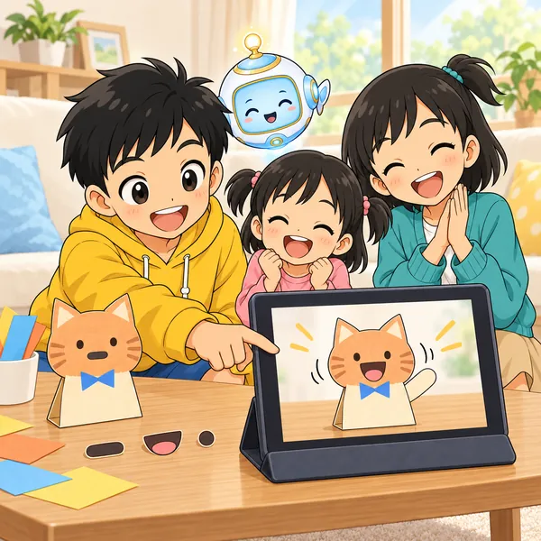 口を入れかえて撮ったアニメでねこがあいさつし、ミオとハルの妹が笑っている。