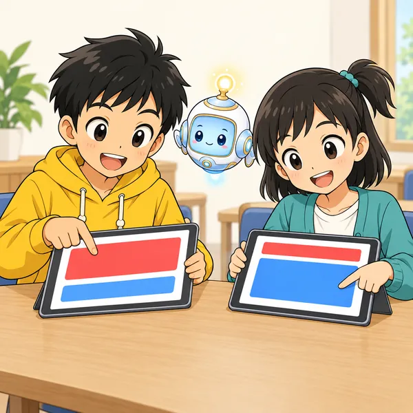 集会室で、ハルとミオがそれぞれのタブレットで同じお知らせを開き、ハルは赤い帯、ミオは青い帯を大きくしている。