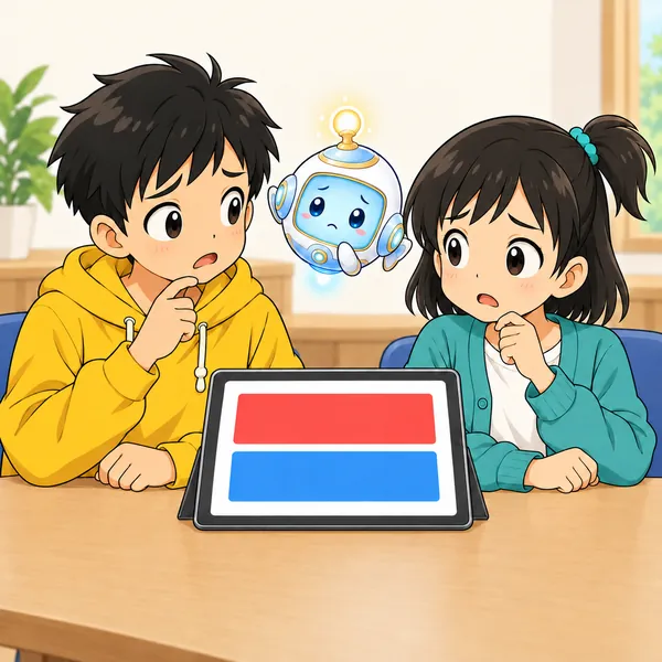 赤と青の帯が同じ大きさで並んだ画面を見て、ハルとミオが顔を見合わせてこまっている。