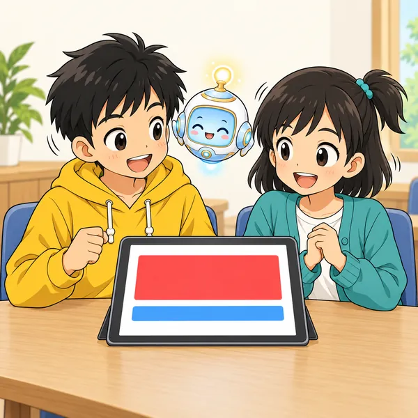 赤い帯が大きく青い帯が小さく並んだ画面を見て、ハルとミオがうなずき合っている。