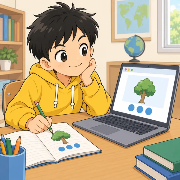 ハルが調べ学習で、最初に見つけたページだけを見て「わかった」と得意げにノートに書きうつしている