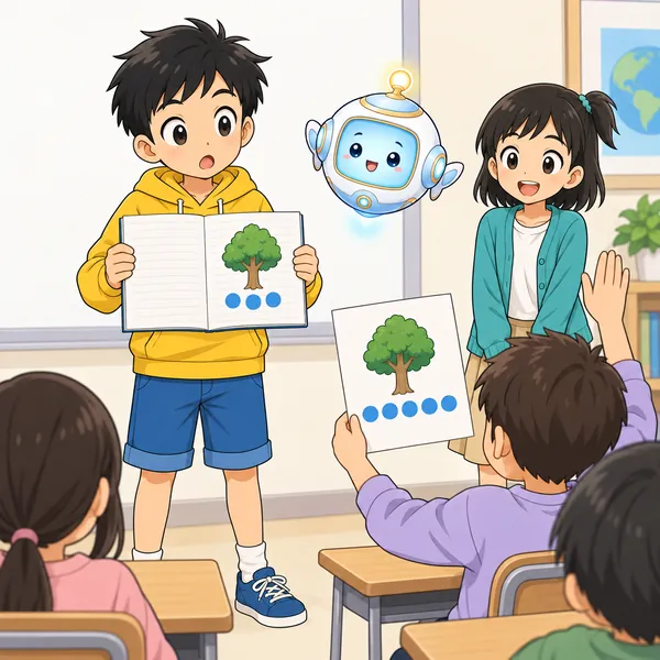 発表の場面。ハルが発表すると、クラスの子が「ちがう数だったよ」と手を上げて言っている