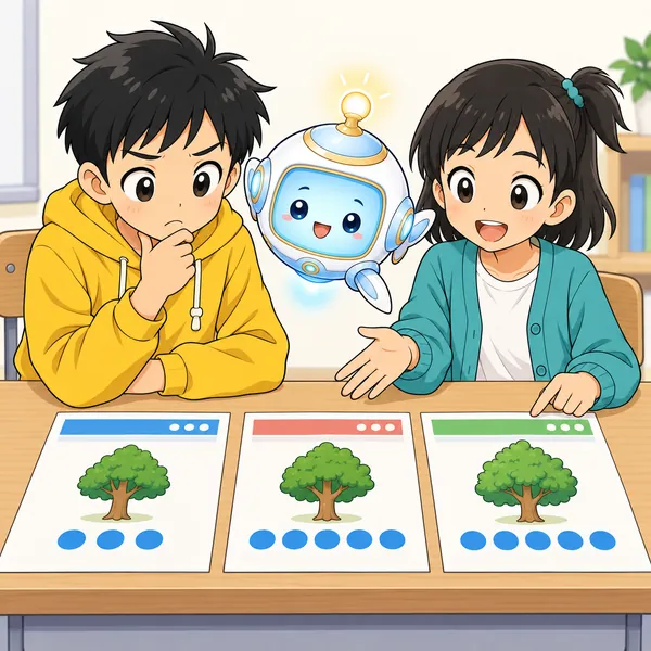 ミオとアイが、3つのページを並べて見せている