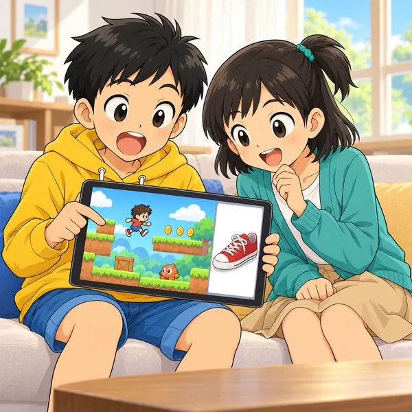 次の日、ゲームのアプリのはしに同じ赤いスニーカーの広告が出て、ハルがおどろいている。