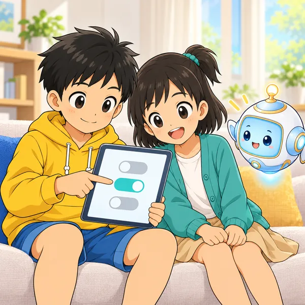 ハルがタブレットの設定画面を指さし、ミオとAIロボットといっしょに落ち着いて見ている。