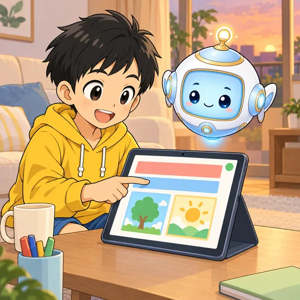 夕方のリビングで、ハルがタブレットで子ども会のお知らせを作っている。画面のはしに緑の丸い印。