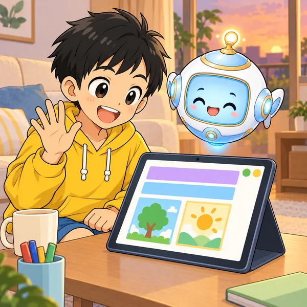 ハルがタブレットに手をふって笑っている。画面には緑と黄色の丸い印がならんでいる。