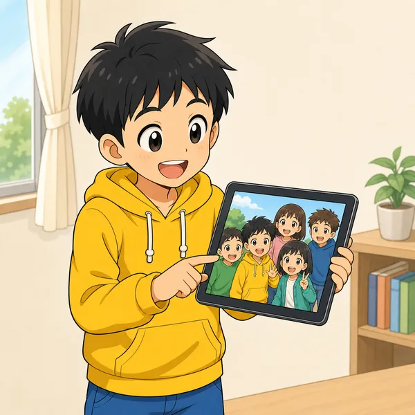 ハルが、友だち数人といっしょに写ったなかよしの集合写真を、タブレットからネットにのせようとしている