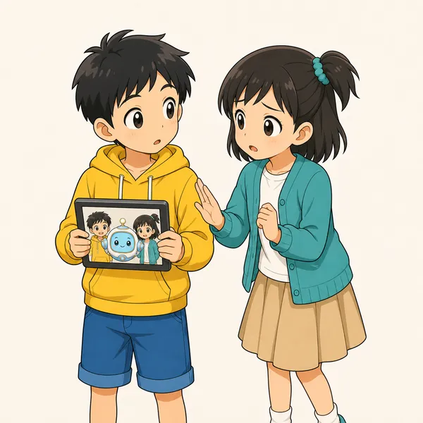 ミオがハルのとなりで、心配そうに「写った子に聞いた?」と確認するように話しかけている