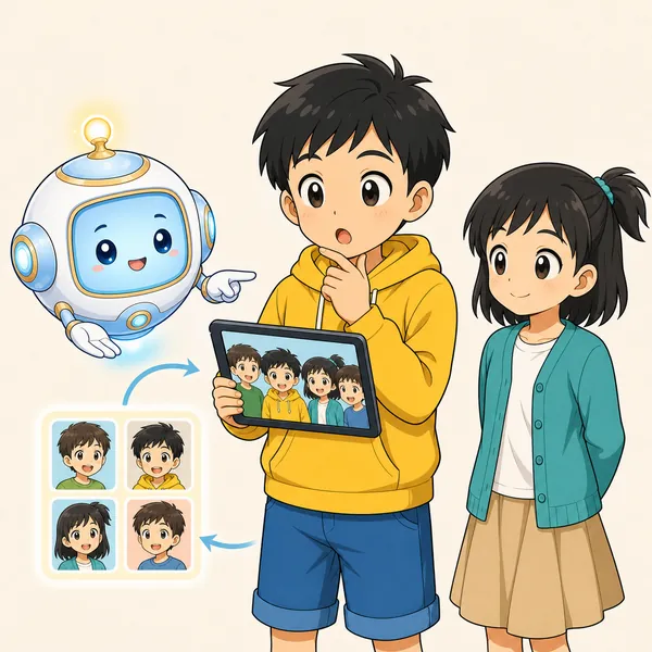 アイがそばに浮かんで、写った人みんなの許可が大切だとやさしく説明している