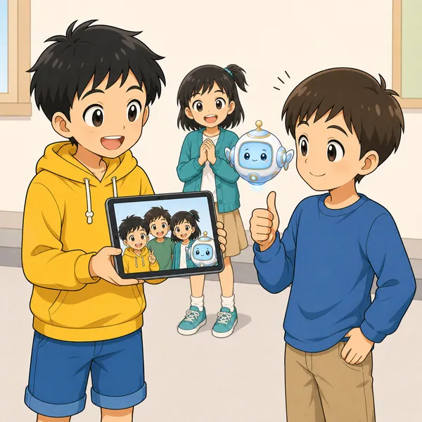 ハルが、写っていた別の友だちに、のせていいかにこやかにたずねている