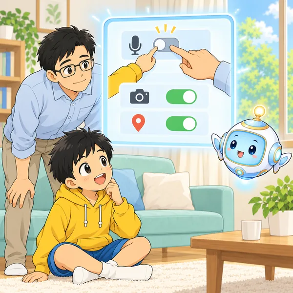 AIロボットが、マイクのスイッチを子どもと大人の手でオフにする絵を見せている。