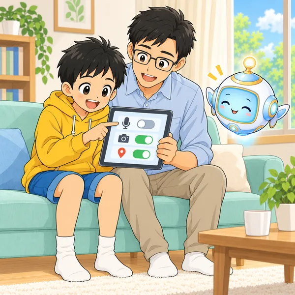 父とハルが、マイクをオフにした画面を見て笑っている。