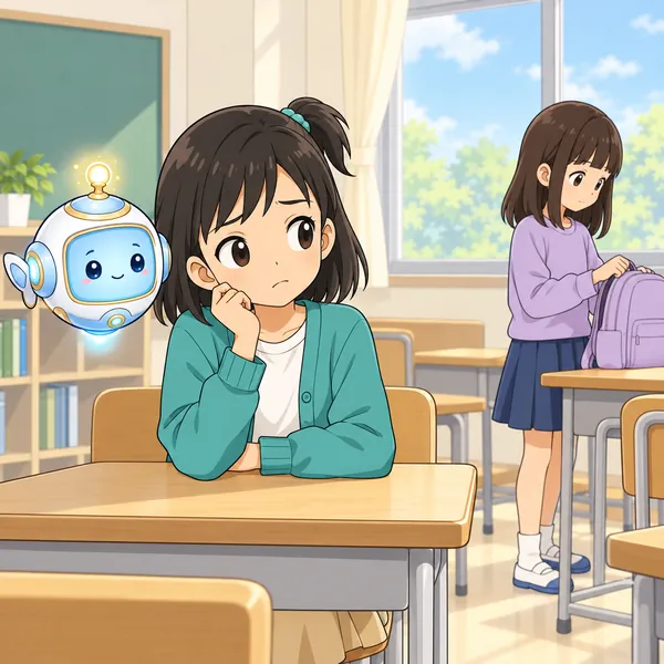 休み時間、ミオが少し苦手な子を見て、仲良くしなきゃいけないのかと考えている。