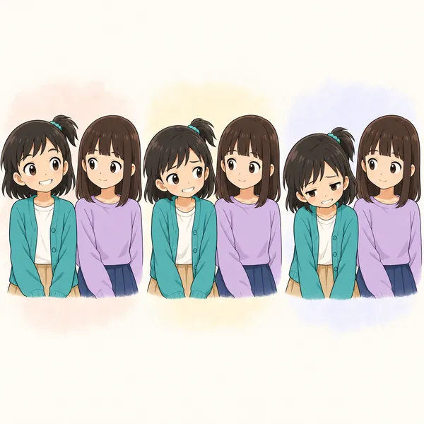 無理に笑顔を作り続けて、ミオがだんだんぐったりしていく想像の絵。