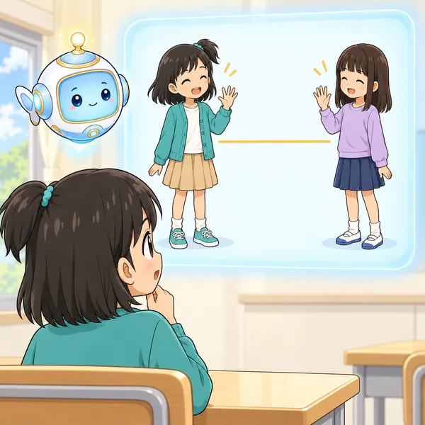 AIロボットが、二人の間にちょうどいい長さの線がある絵を見せている。