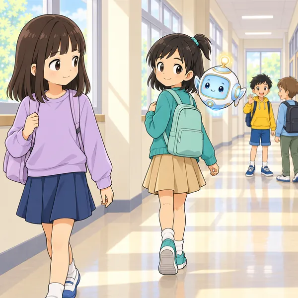 ろうかで、ミオとその子が会釈してあいさつしている。