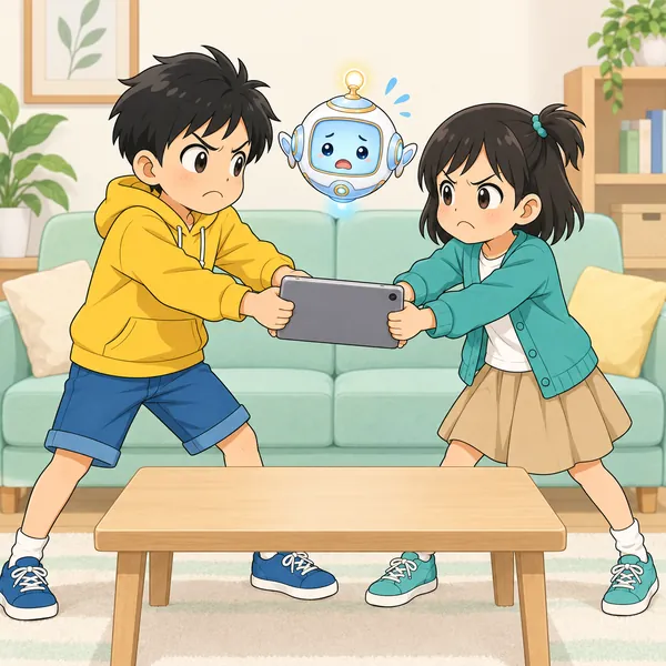 家の居間。ハルと妹が一つのタブレットを取り合って、にらみ合っている