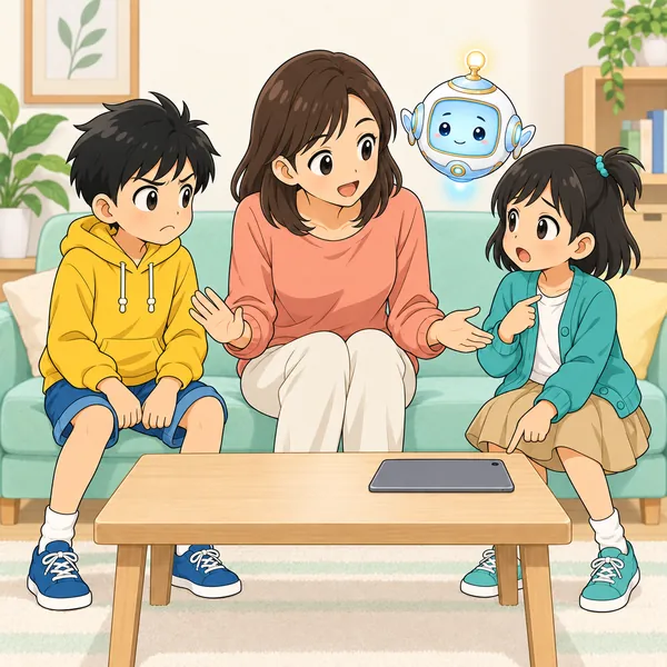 母が来て、二人の話を順番に聞こうとしている