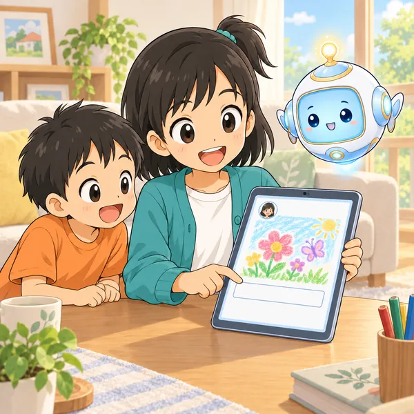 留守番中のミオが、絵の投稿ページにひとことを書きこもうとしている。