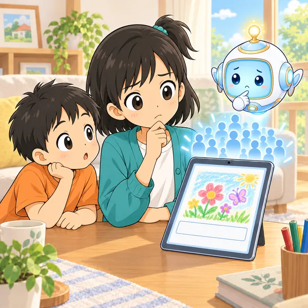 ミオが手を止め、だれが見るのか考えている。
