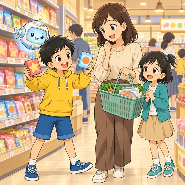 スーパーで、ハルがおかしを二つ持ってきて、入れていいか聞いている。