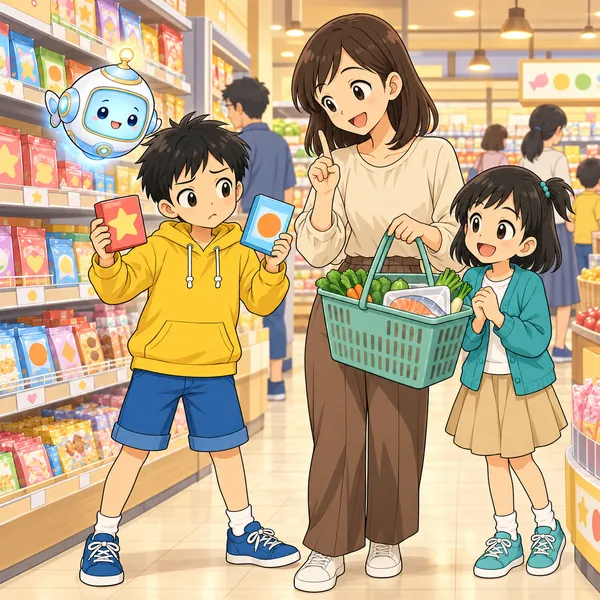 母が指を一本立て、ハルが二つのおかしを見比べてこまっている。