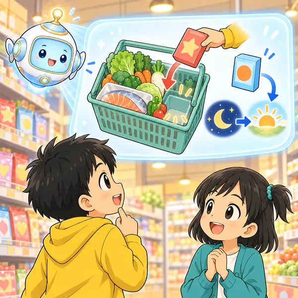 AIロボットが、夕ごはんの材料のかごに一つ分だけすき間がある絵を見せている。