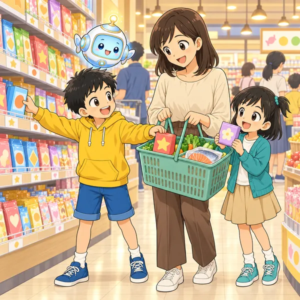 ハルが一つをたなにもどし、もう一つをかごに入れている。妹も一つ選んでいる。