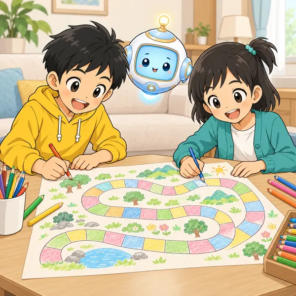 リビングで、ハルとミオが紙の手作りすごろくを一緒に作っている。