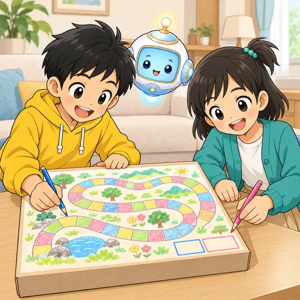 ハルとミオが、すごろくの箱に2人の名前を書く場所を描いて、にこにこしている。