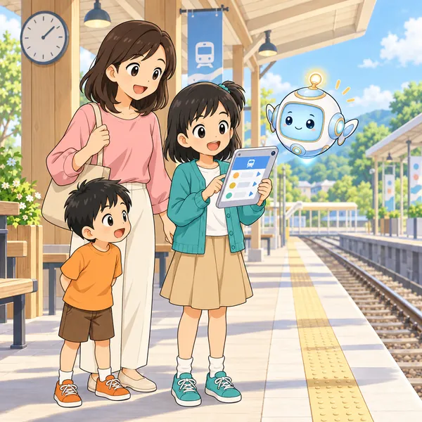 休みの日の駅のホームで、ミオがスクショした時刻表を見てお母さんと弟と電車を待っている。