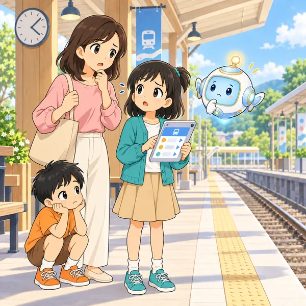 電車が来なくて、ミオが画面とホームの時計を見比べて困っている。