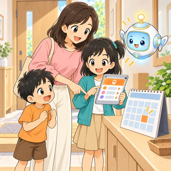家で、ミオがお母さんとカレンダーと時刻表を見比べてにっこりしている。