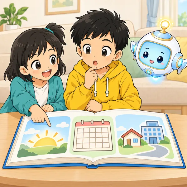 ミオが絵本の中の朝日やカレンダーの絵を指さして、ハルに問いかけている。