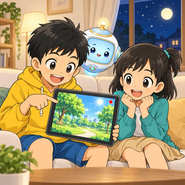 夜のリビングで、ハルがタブレットの昼の公園の映像を指さして興奮している。