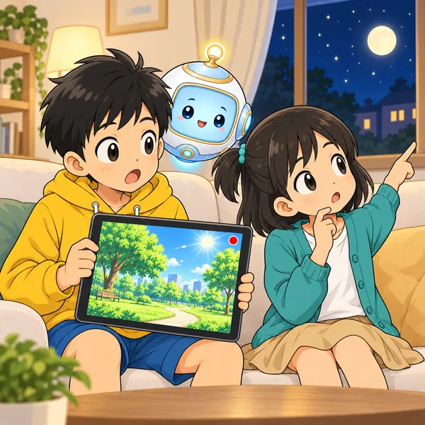 ミオが窓の外の夜空と画面の昼の景色を見比べて首をかしげている。
