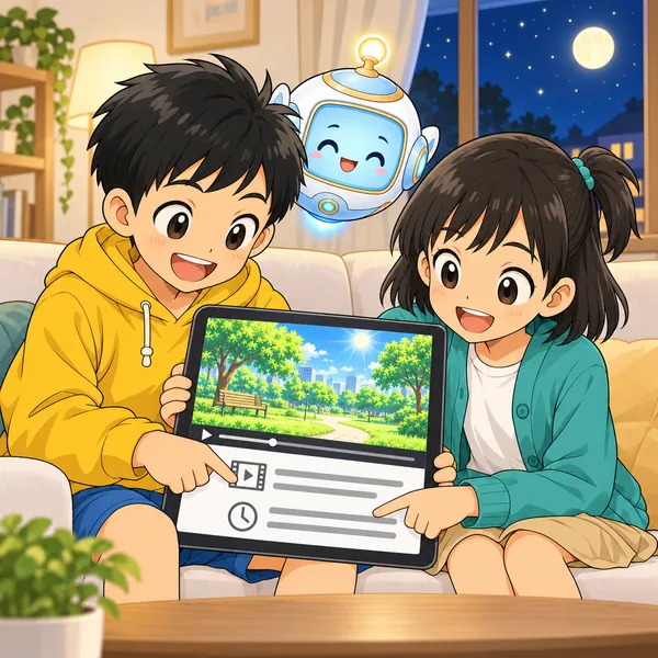 ハルとミオが、動画の説明を指でなぞって確かめている。