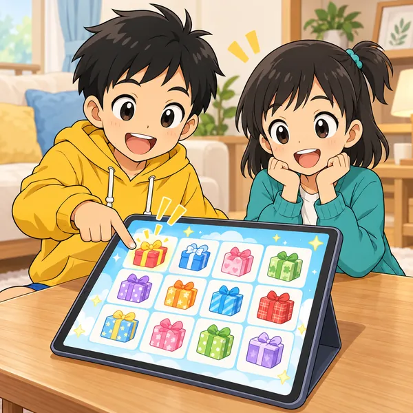 ハルがタブレットのゲームで、毎日のプレゼント箱が並ぶ画面を押し、ミオが見ている。