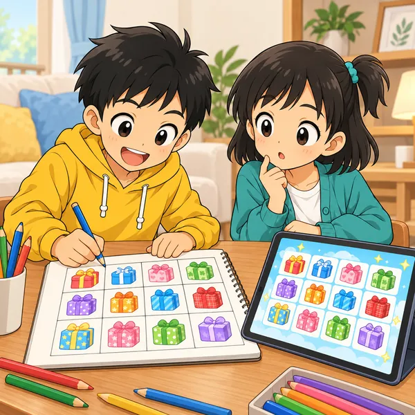 ハルがノートにマス目とプレゼント箱を描きうつし、ミオが考えている。